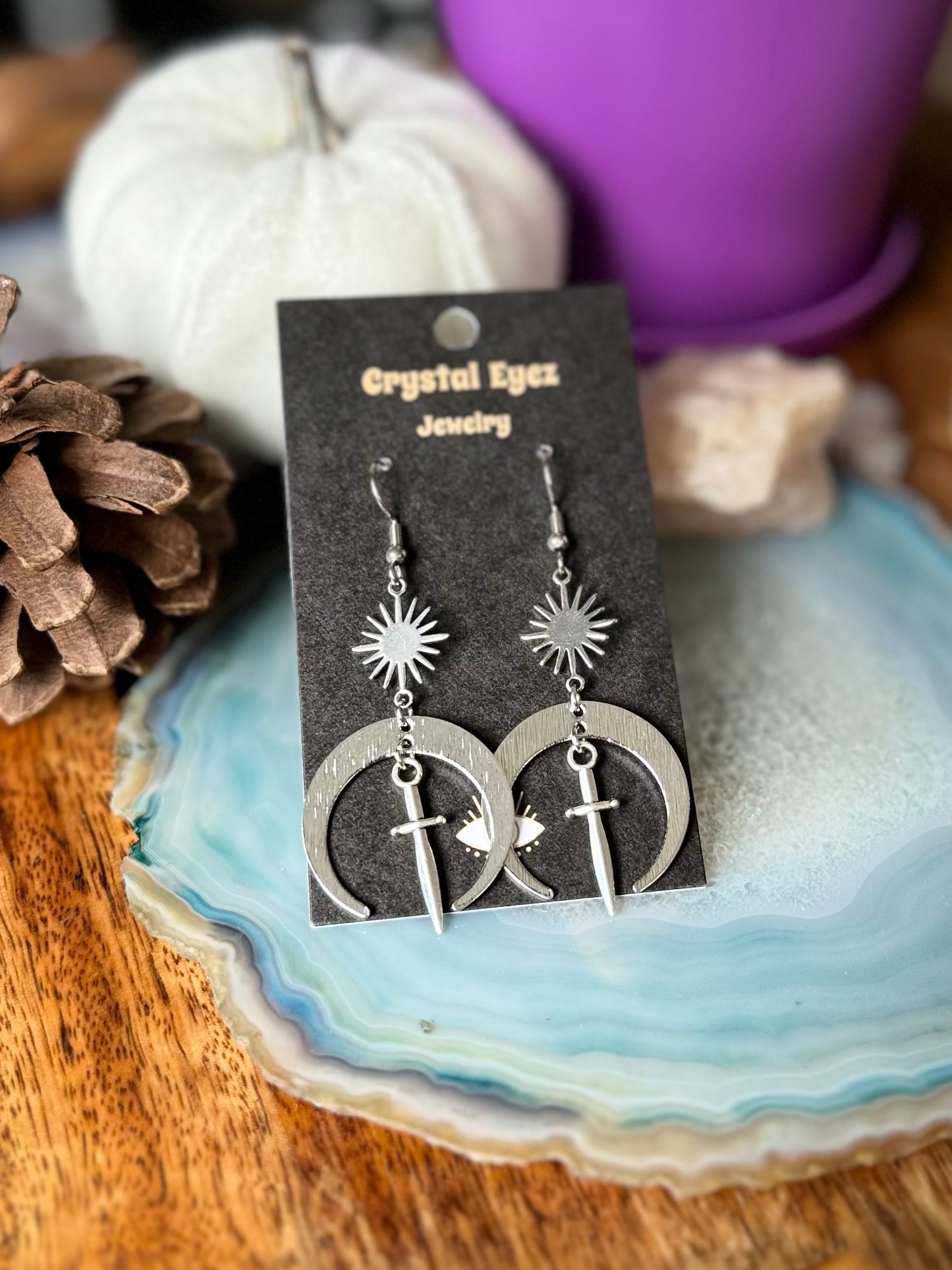 Silver Dagger Moon Earrings