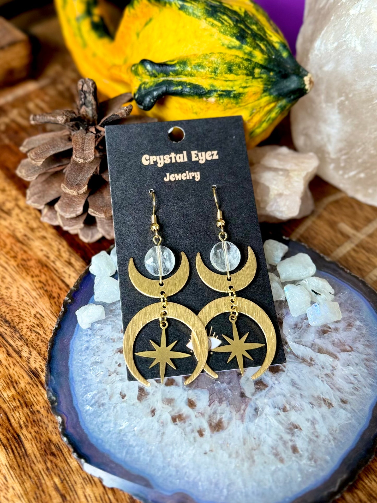 Quartz Moon & Star Dangle Earrings
