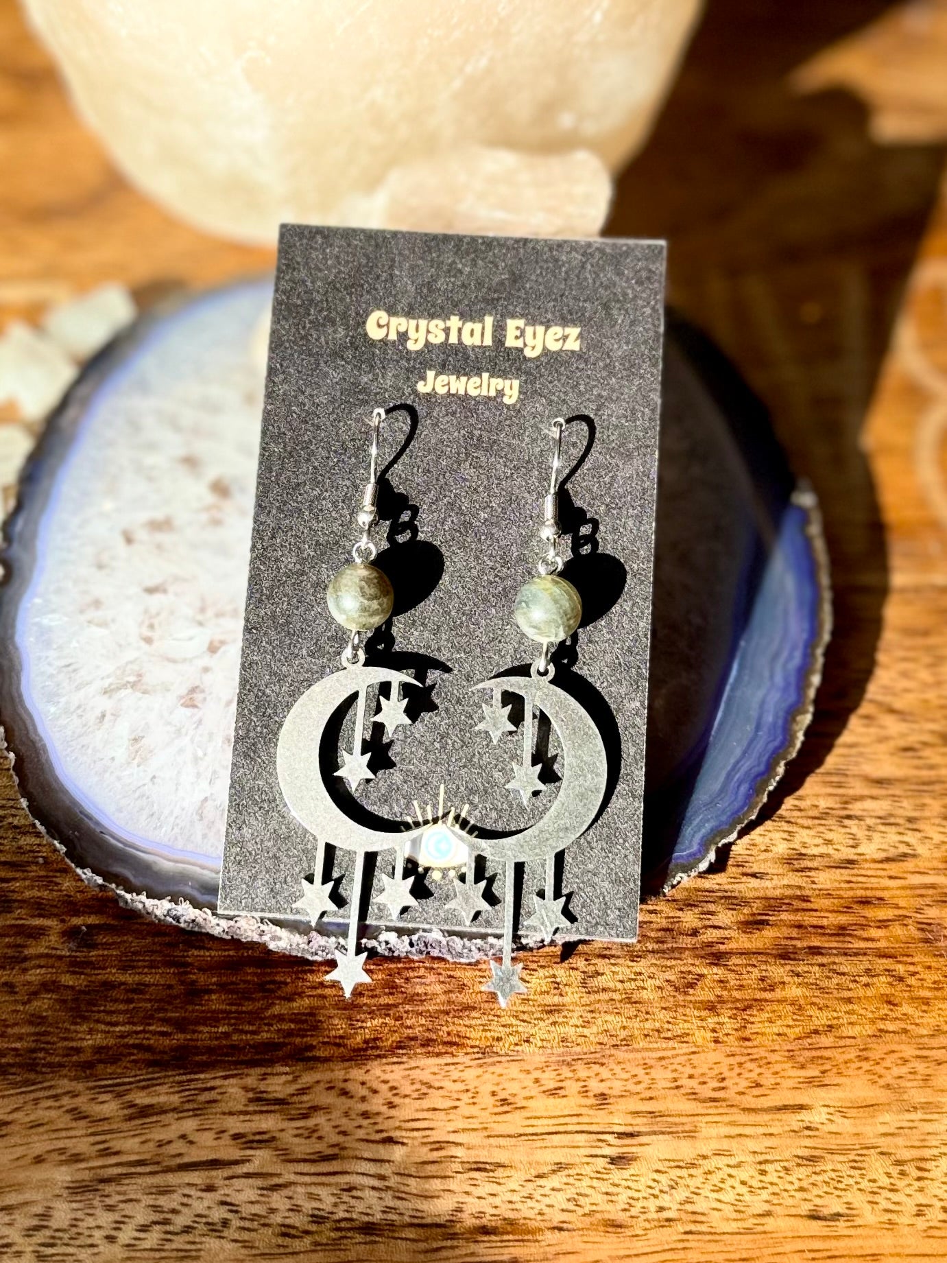 Labradorite Hanging Moon Earrings