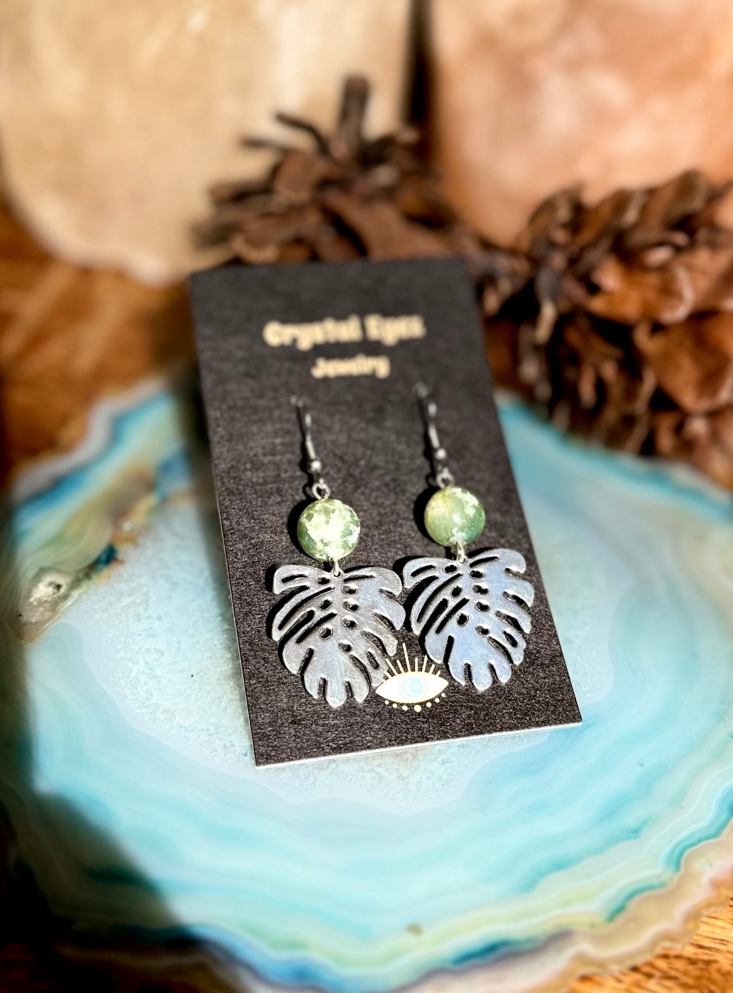 Silver Monstera & Tree Agate Earrings