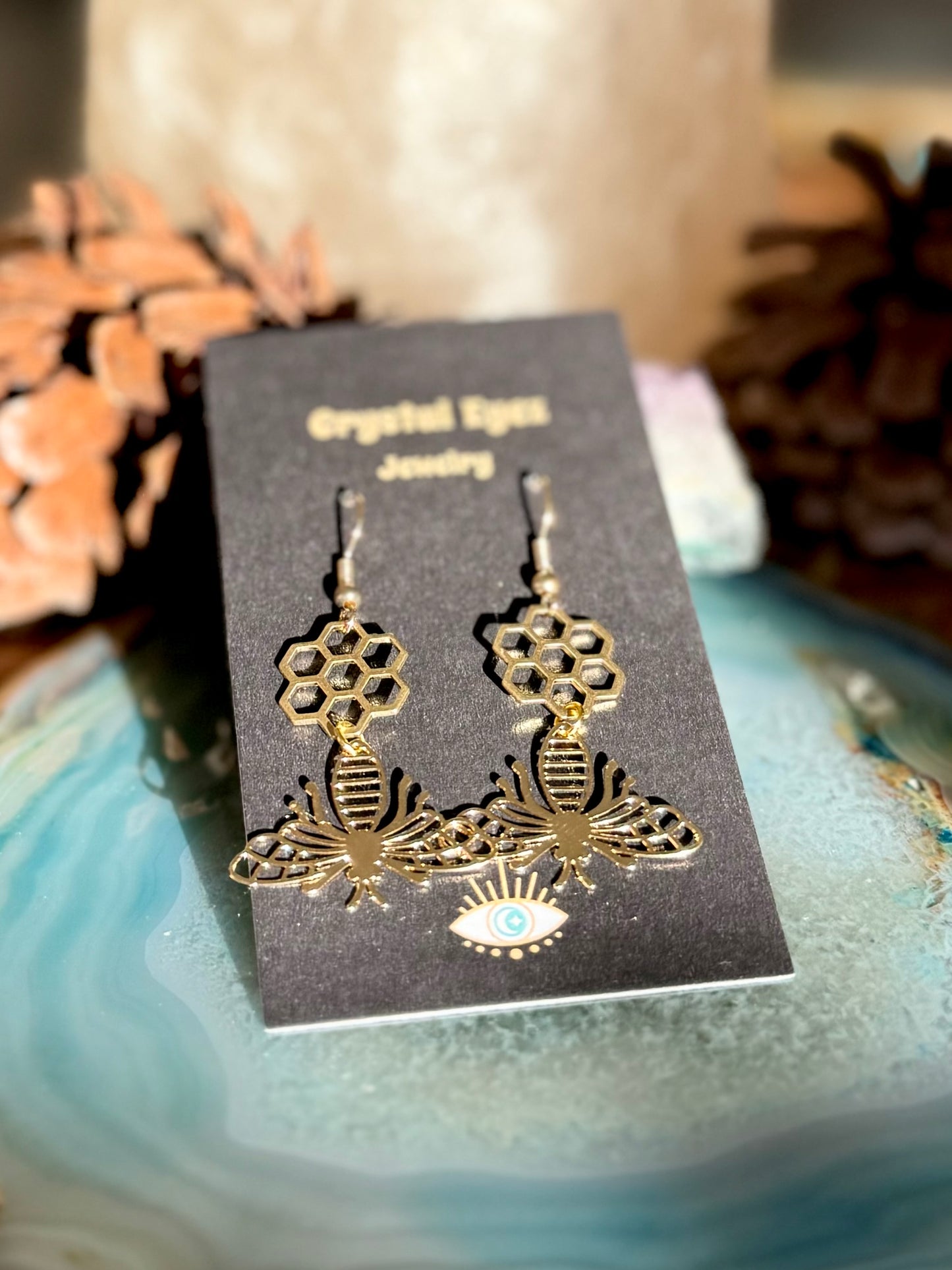 Golden Honeycomb & Bee Earrings