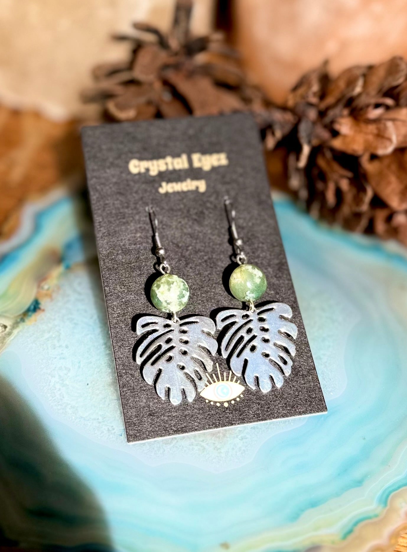 Silver Monstera & Tree Agate Earrings