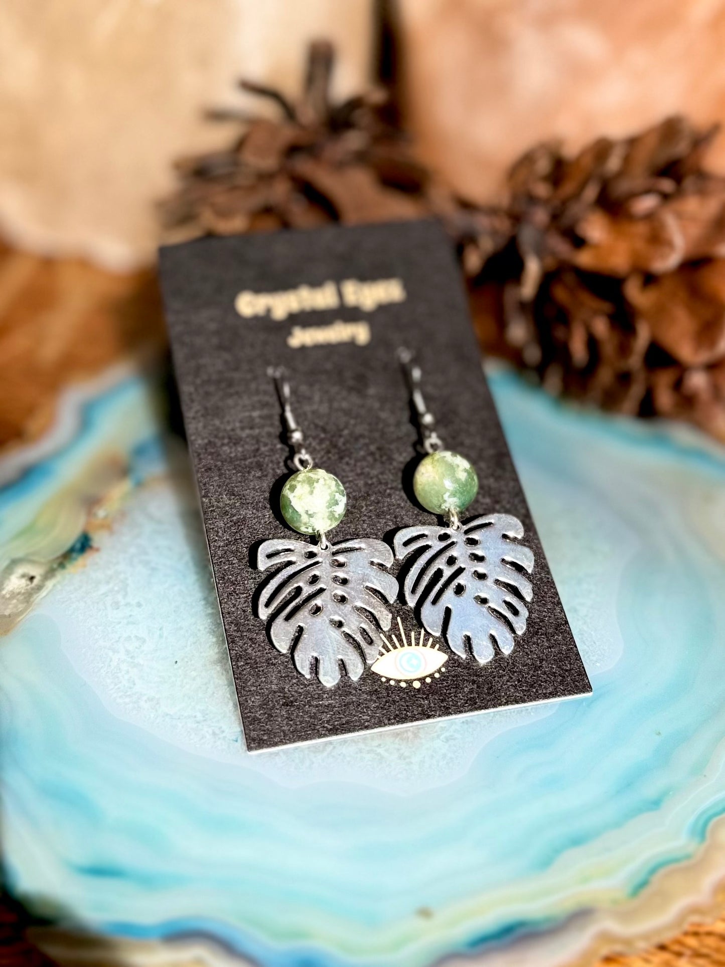 Silver Monstera & Tree Agate Earrings
