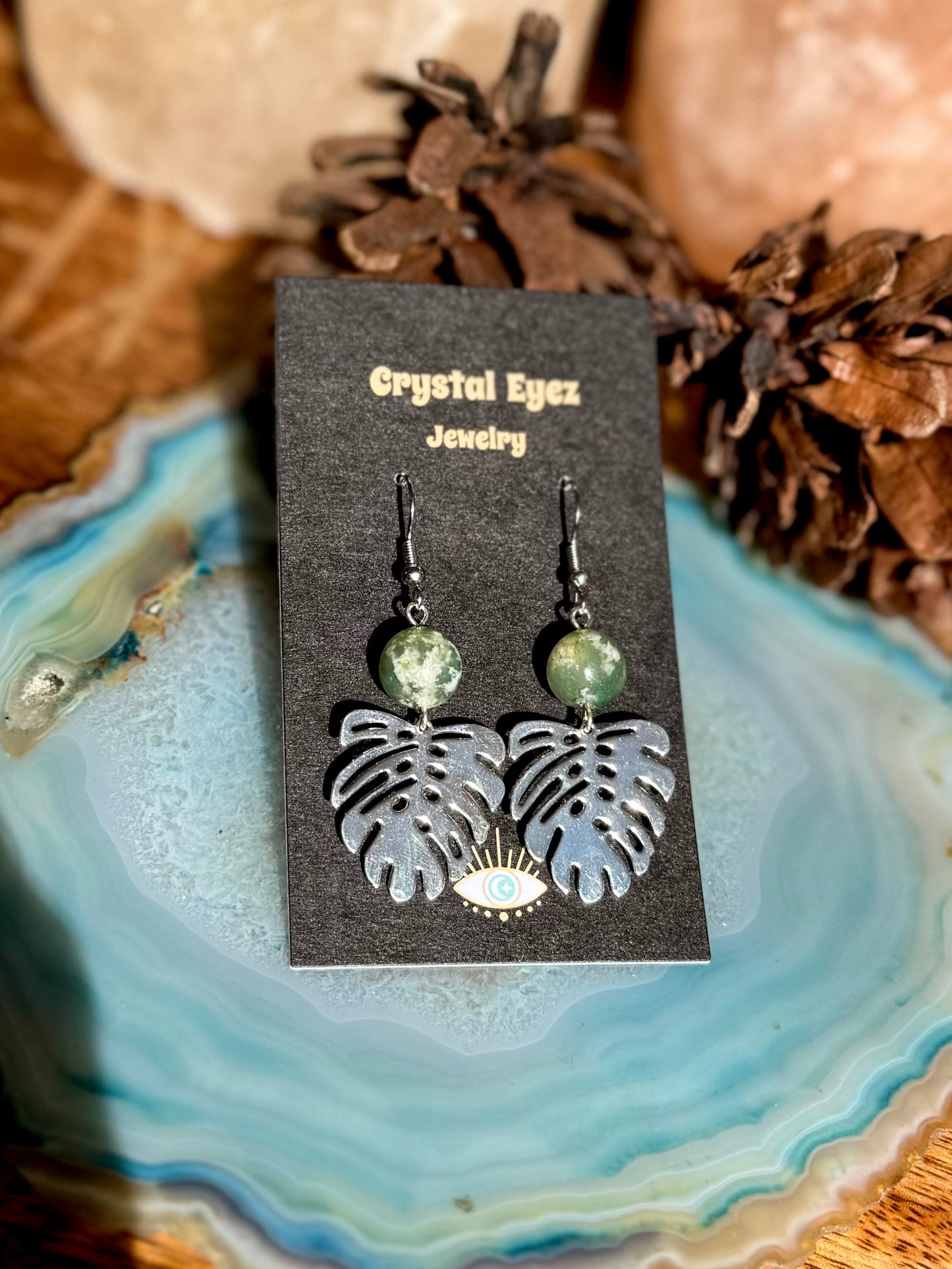 Silver Monstera & Tree Agate Earrings