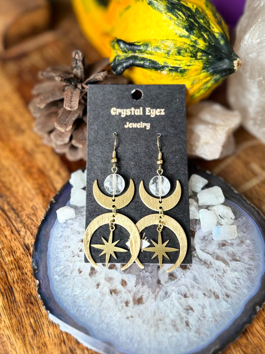 Quartz Moon & Star Dangle Earrings