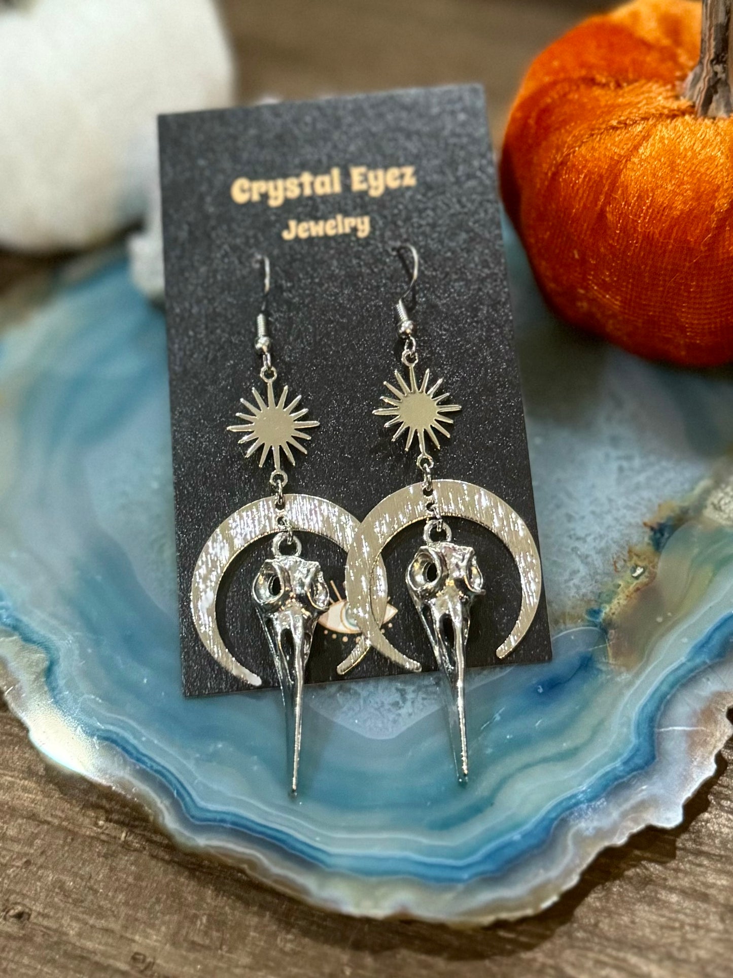 Silver Celestial Bird Skull Earrings