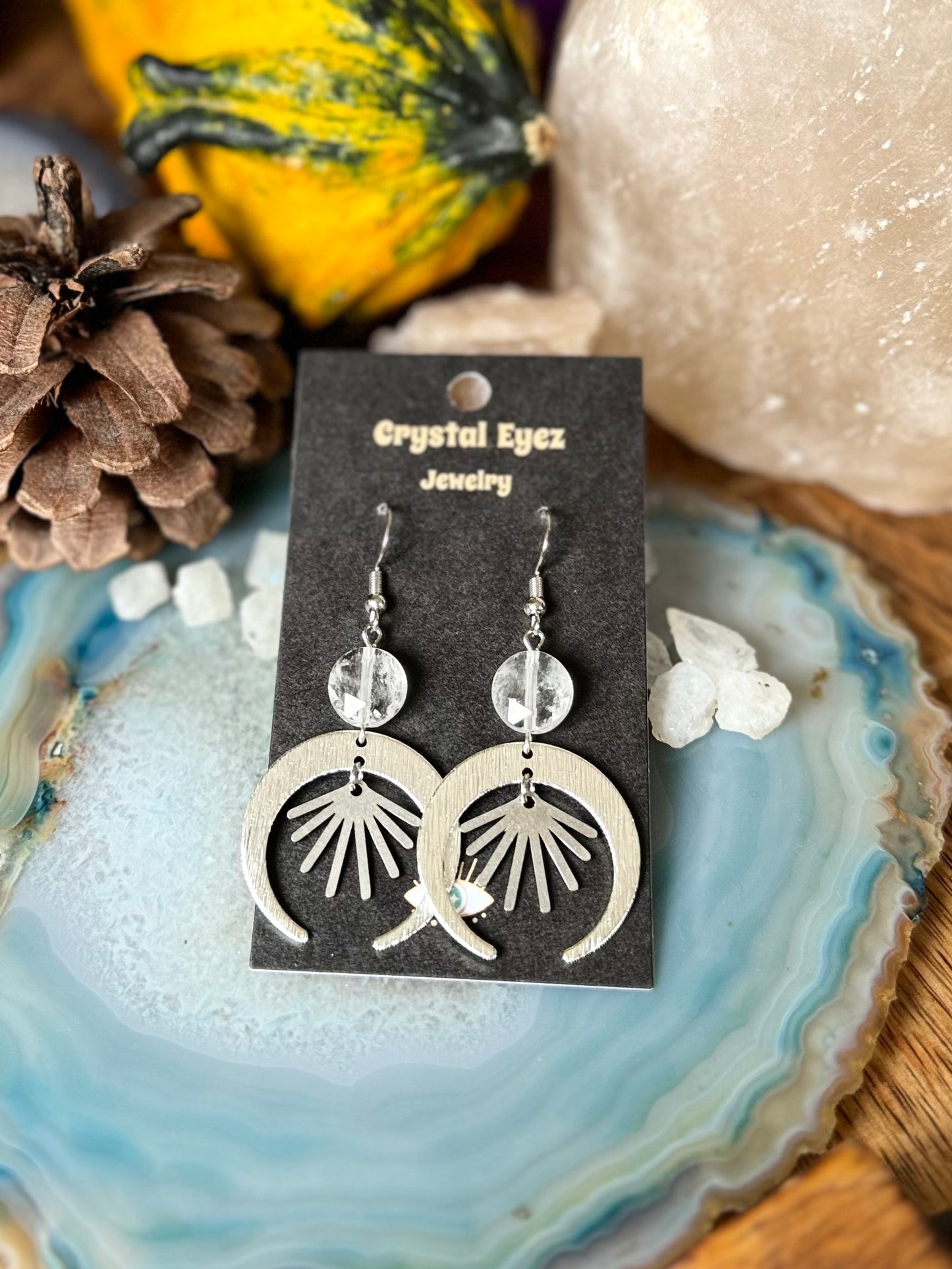 Radiant Quartz Silver Moon Earrings