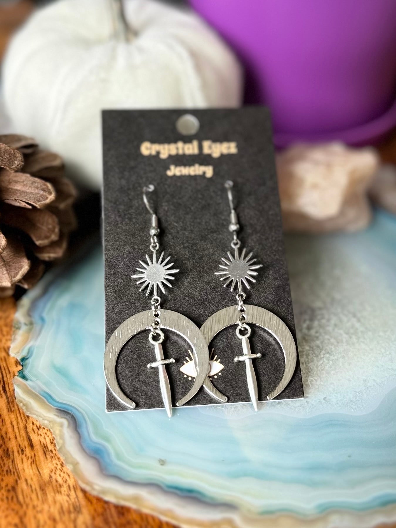 Silver Dagger Moon Earrings