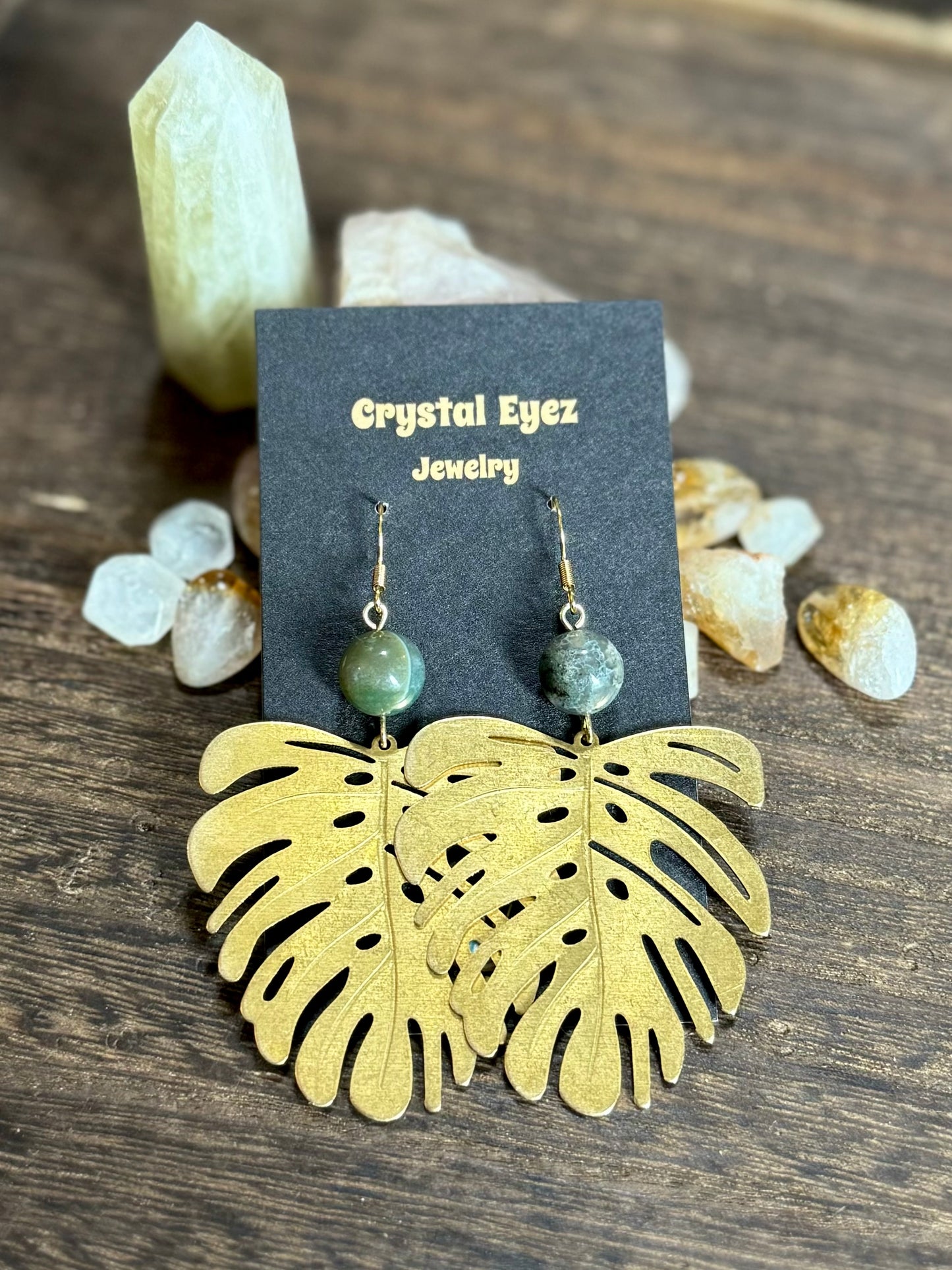 Moss Agate Monstera Leaf Earrings