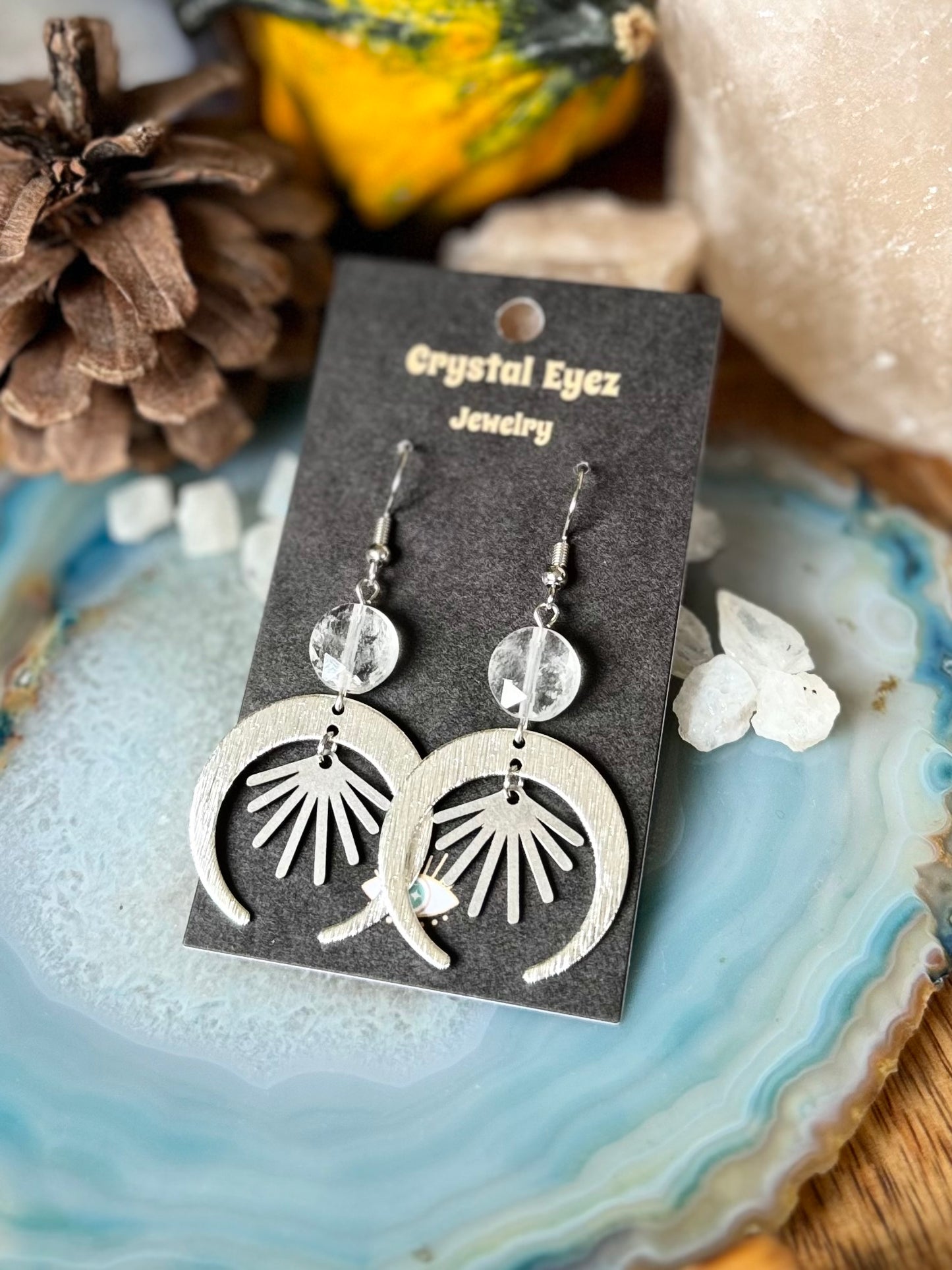 Radiant Quartz Silver Moon Earrings