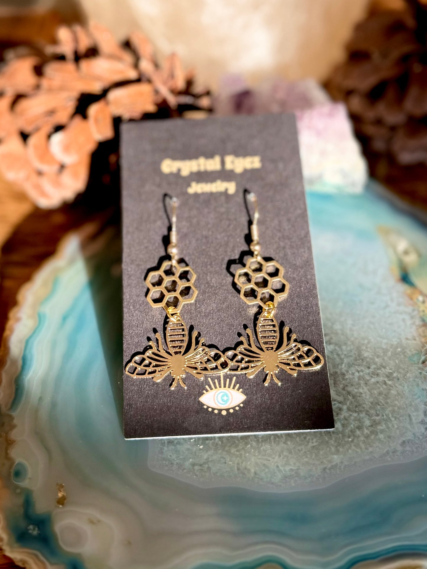 Golden Honeycomb & Bee Earrings