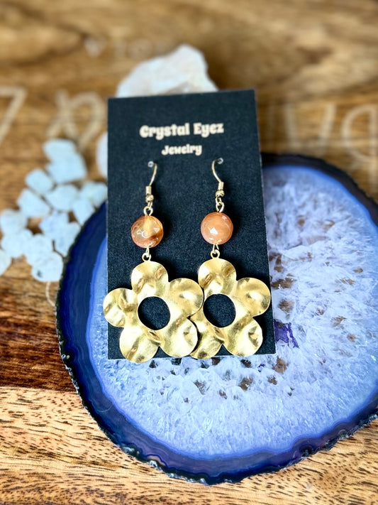 Carnelian Wavy Brass Flower Earrings