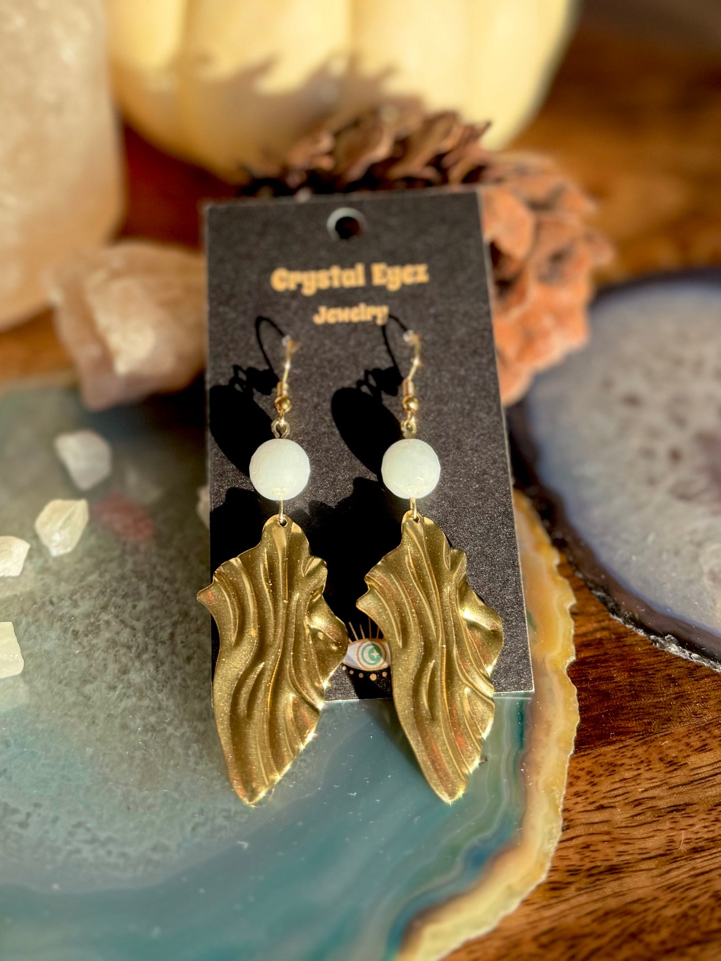 Abstract Wavy Brass Aquamarine Earrings
