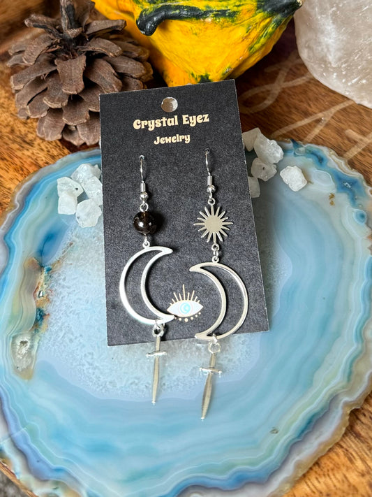 Crystal Moon & Dagger Earrings