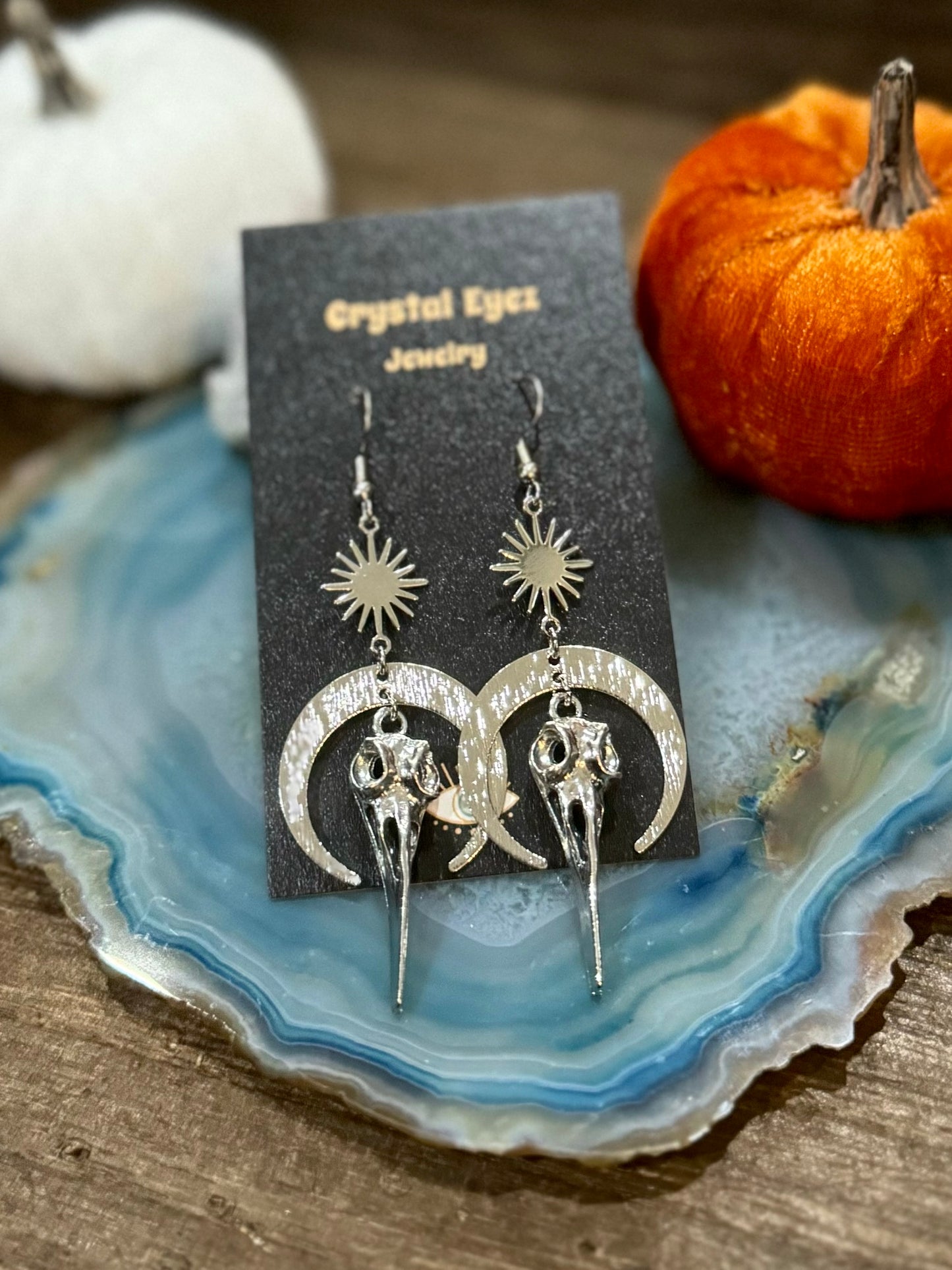 Silver Celestial Bird Skull Earrings