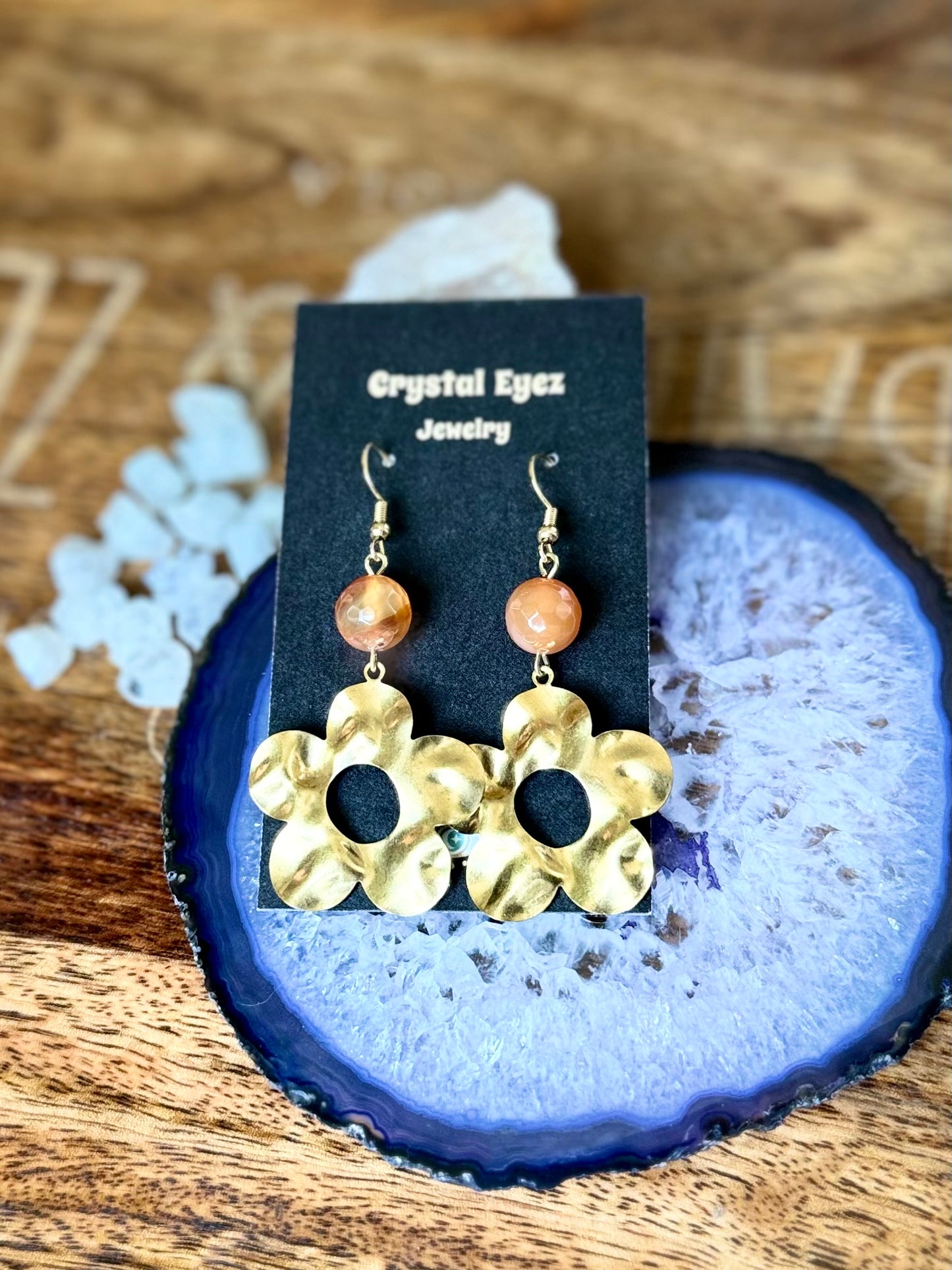 Carnelian Wavy Brass Flower Earrings