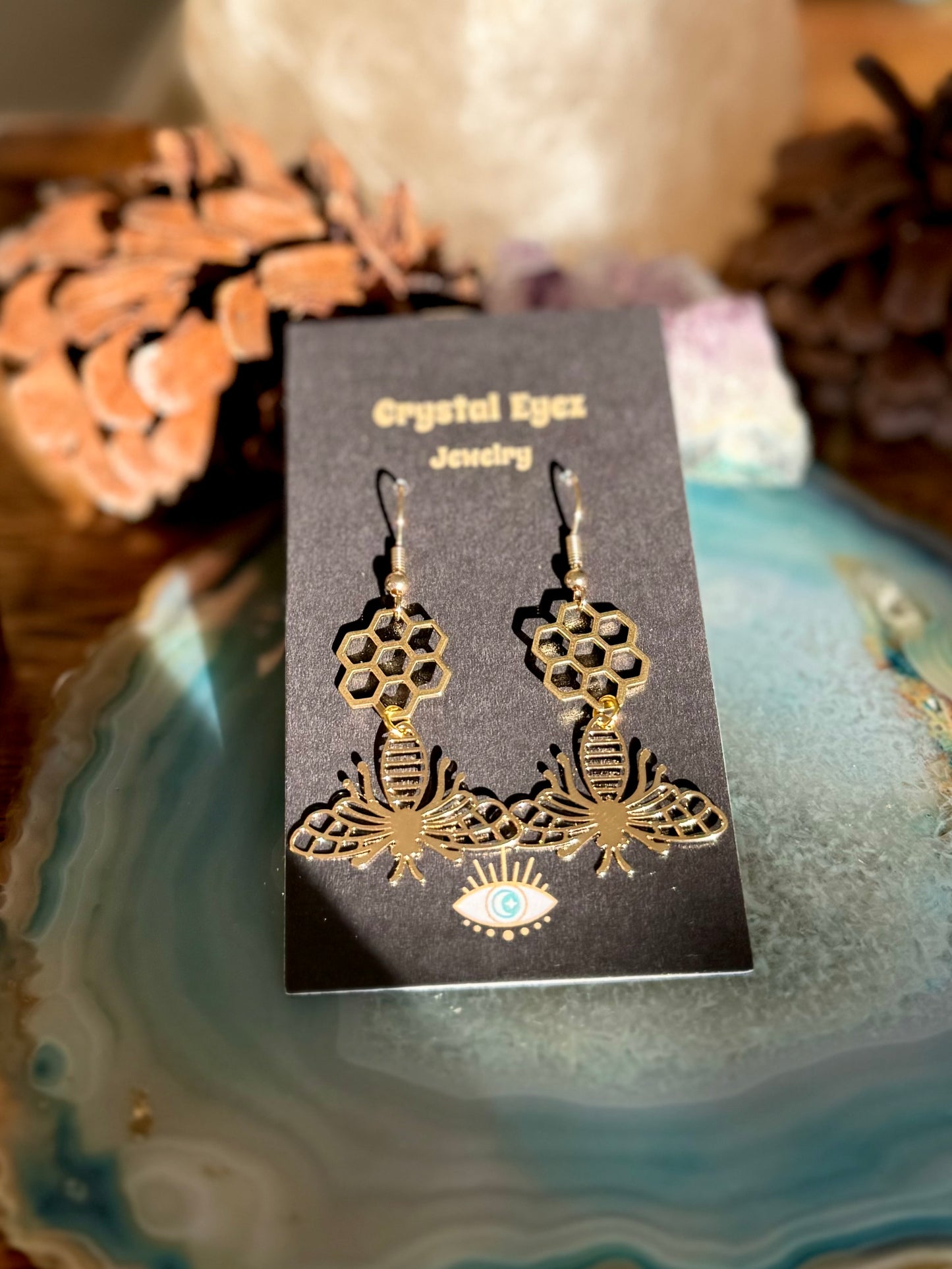 Golden Honeycomb & Bee Earrings