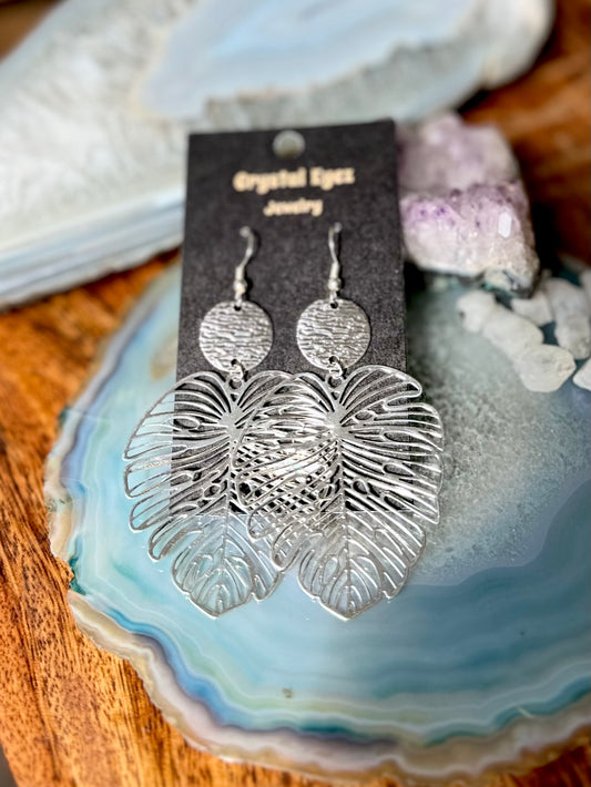 Large Monstera Silver Earrings